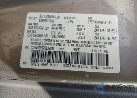 2007 Dodge Dakota Slt из США, поврежденный, VIN 1D7HW42P67S138343